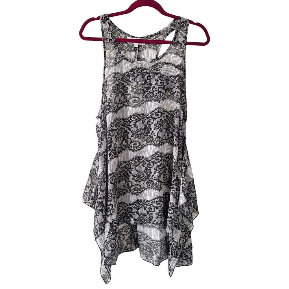 Pretty Angel Lace Print Racerback Tank Top Tunic Women’s large Silk Asymmetrical
